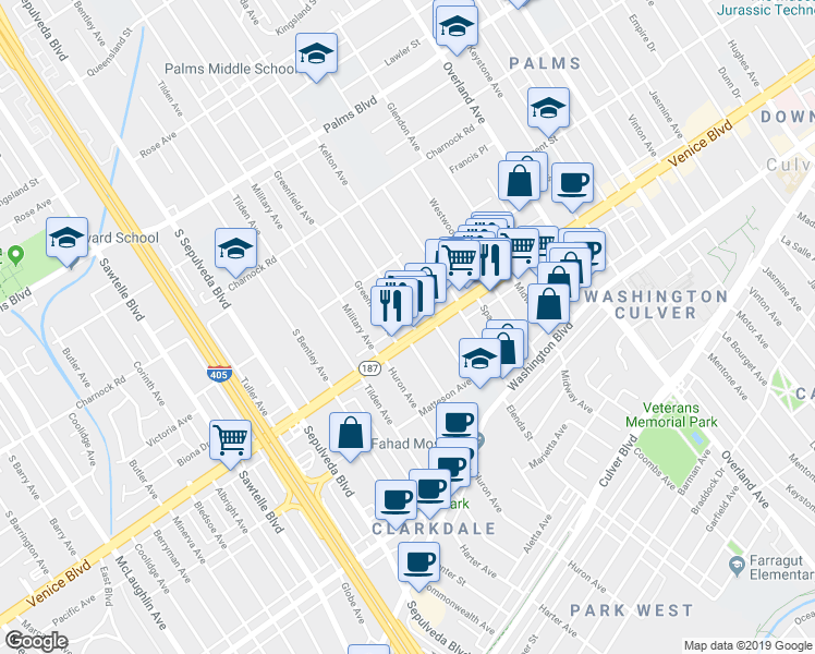 map of restaurants, bars, coffee shops, grocery stores, and more near 10925 Venice Boulevard in Los Angeles