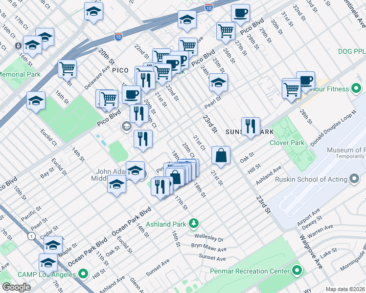 map of restaurants, bars, coffee shops, grocery stores, and more near 2405 20th Street in Santa Monica