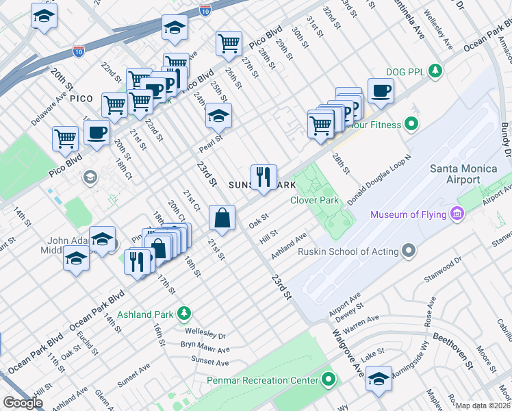 map of restaurants, bars, coffee shops, grocery stores, and more near 2338 Ocean Park Boulevard in Santa Monica