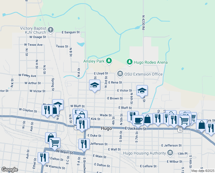 map of restaurants, bars, coffee shops, grocery stores, and more near 702 North 3rd Street in Hugo