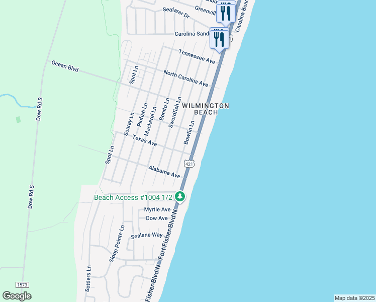 map of restaurants, bars, coffee shops, grocery stores, and more near 1518 Lake Park Boulevard South in Carolina Beach