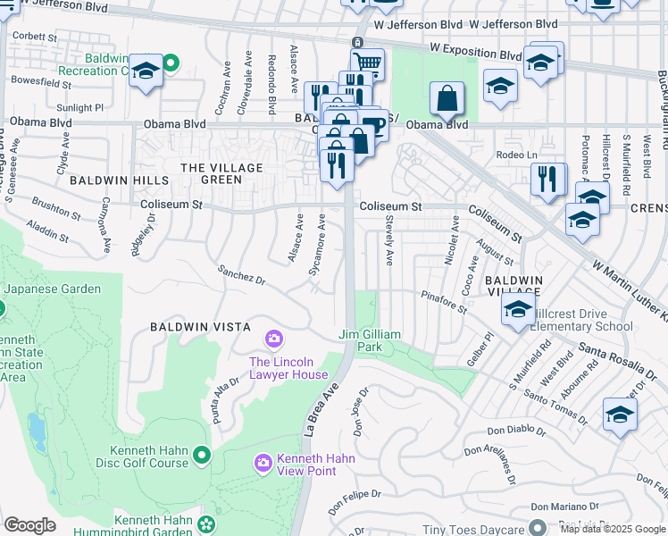 map of restaurants, bars, coffee shops, grocery stores, and more near 3901 South Orange Drive in Los Angeles