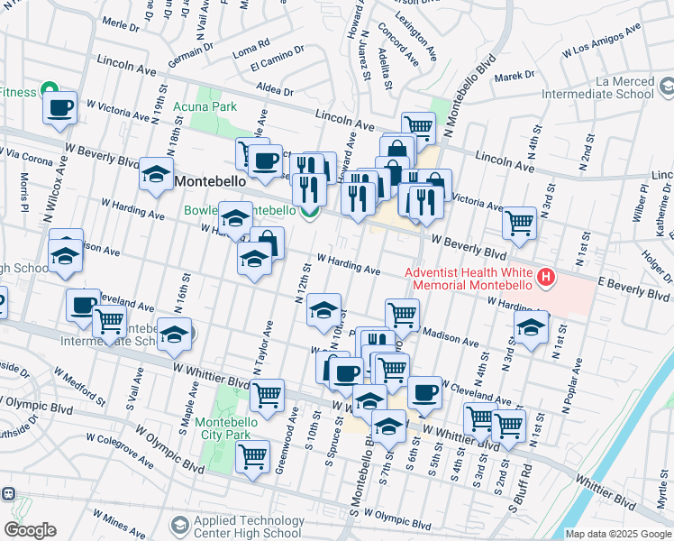 map of restaurants, bars, coffee shops, grocery stores, and more near 336 North Greenwood Avenue in Montebello