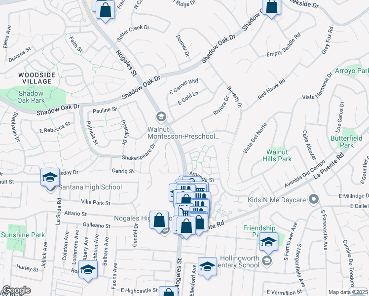 map of restaurants, bars, coffee shops, grocery stores, and more near 19106 Bel Air Drive in Walnut