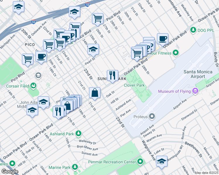 map of restaurants, bars, coffee shops, grocery stores, and more near 2318 Ocean Park Place South in Santa Monica