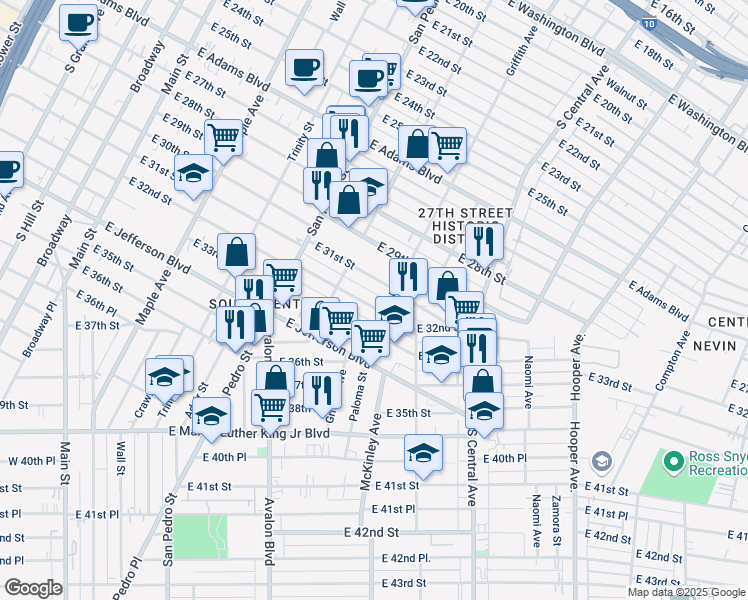 map of restaurants, bars, coffee shops, grocery stores, and more near 834 East 32nd Street in Los Angeles