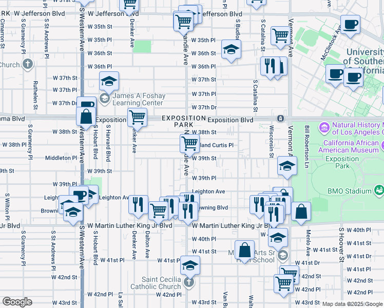 map of restaurants, bars, coffee shops, grocery stores, and more near 1275 West 39th Street in Los Angeles