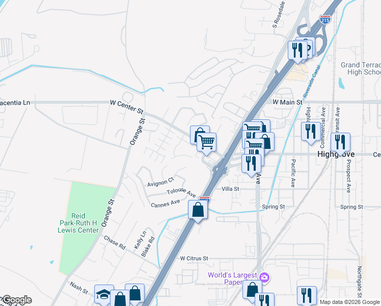 map of restaurants, bars, coffee shops, grocery stores, and more near 3261 Viola Drive in Riverside