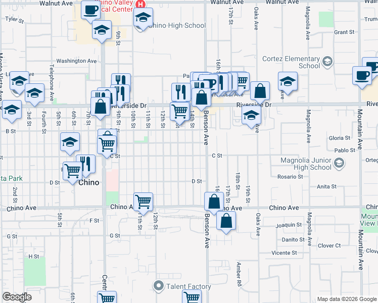 map of restaurants, bars, coffee shops, grocery stores, and more near 13101 13th Street in Chino