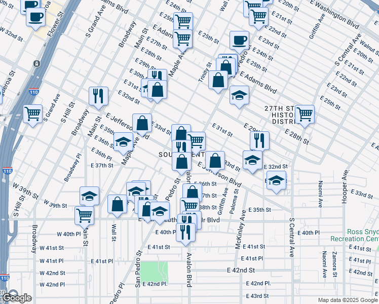 map of restaurants, bars, coffee shops, grocery stores, and more near 540 East Jefferson Boulevard in Los Angeles