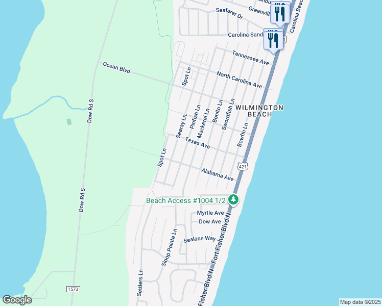 map of restaurants, bars, coffee shops, grocery stores, and more near 1612 Mackerel Lane in Carolina Beach