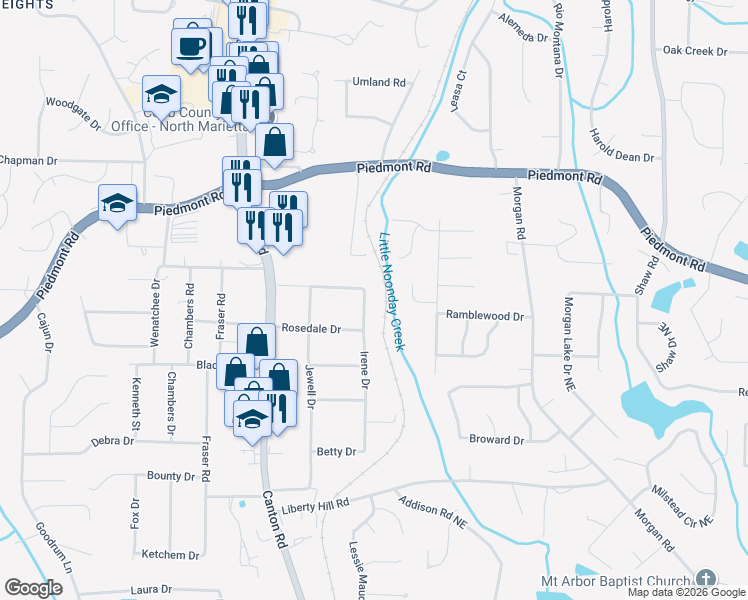 map of restaurants, bars, coffee shops, grocery stores, and more near 2654 Irene Drive in Marietta