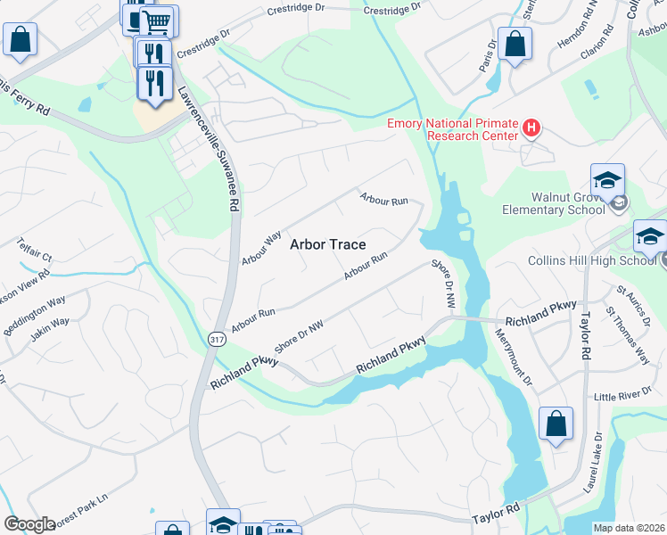 map of restaurants, bars, coffee shops, grocery stores, and more near 2410 Arbour Trace Terrace in Suwanee