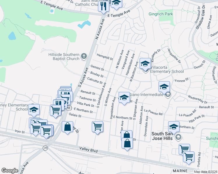 map of restaurants, bars, coffee shops, grocery stores, and more near 161 South Winton Avenue in La Puente