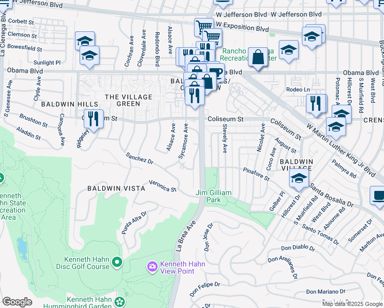 map of restaurants, bars, coffee shops, grocery stores, and more near 3901 South Orange Drive in Los Angeles