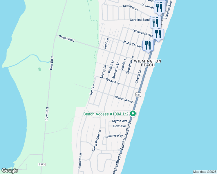 map of restaurants, bars, coffee shops, grocery stores, and more near 1612 Mackerel Lane in Carolina Beach