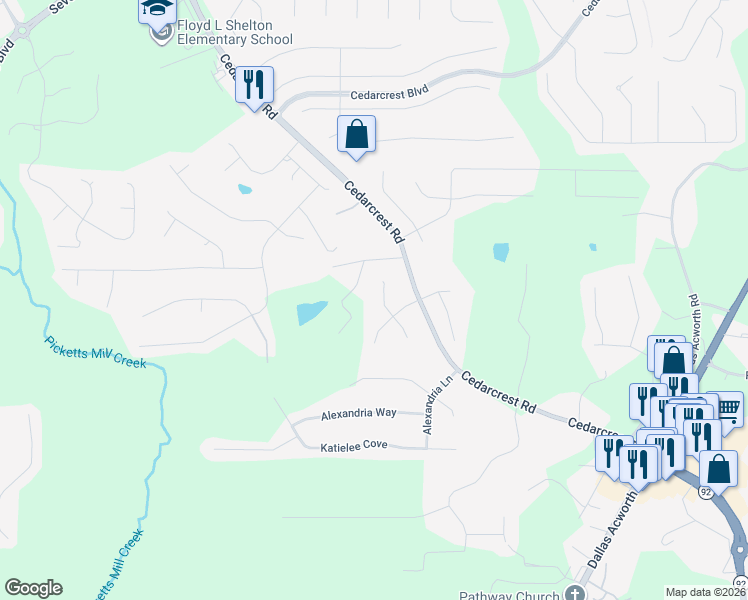 map of restaurants, bars, coffee shops, grocery stores, and more near 43 Cedar Way in Dallas
