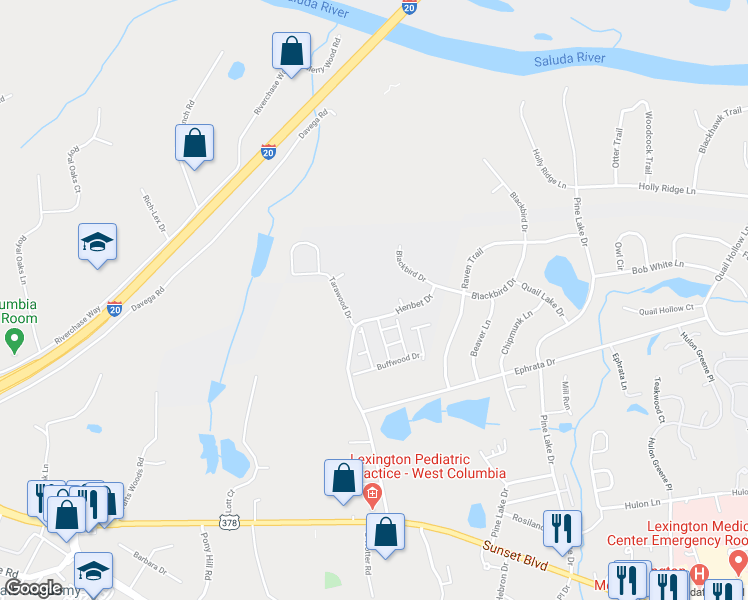 map of restaurants, bars, coffee shops, grocery stores, and more near 3420 Henbet Drive in West Columbia