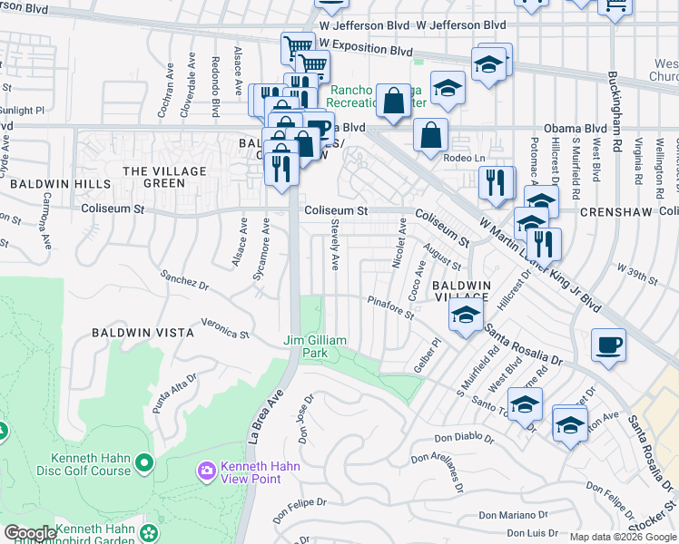 map of restaurants, bars, coffee shops, grocery stores, and more near 3942 Stevely Avenue in Los Angeles