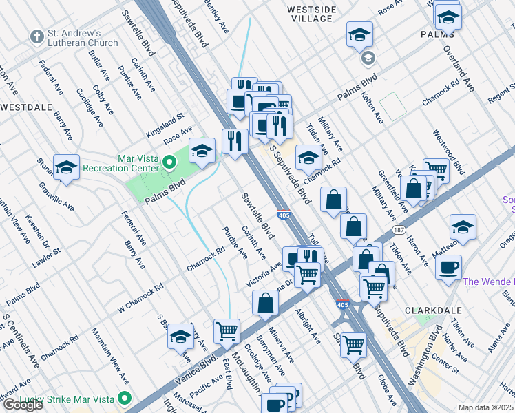 map of restaurants, bars, coffee shops, grocery stores, and more near 3549 Sawtelle Boulevard in Los Angeles