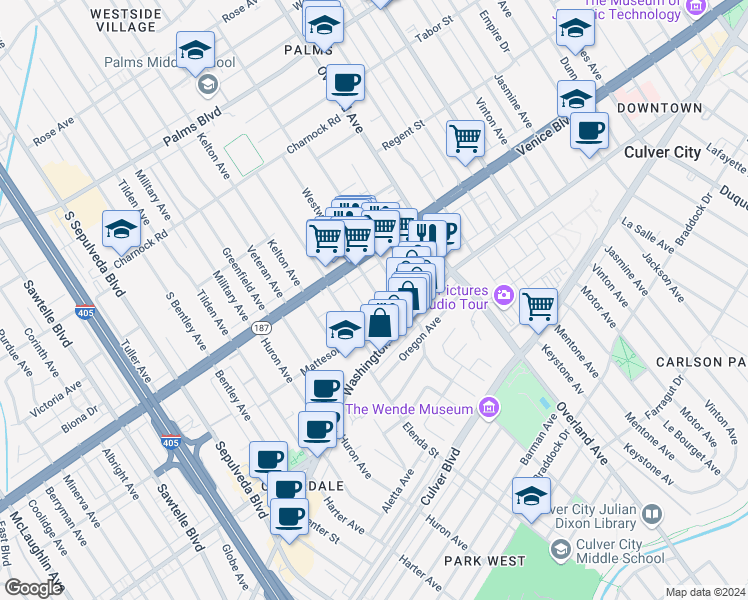 map of restaurants, bars, coffee shops, grocery stores, and more near 3845 Westwood Boulevard in Culver City