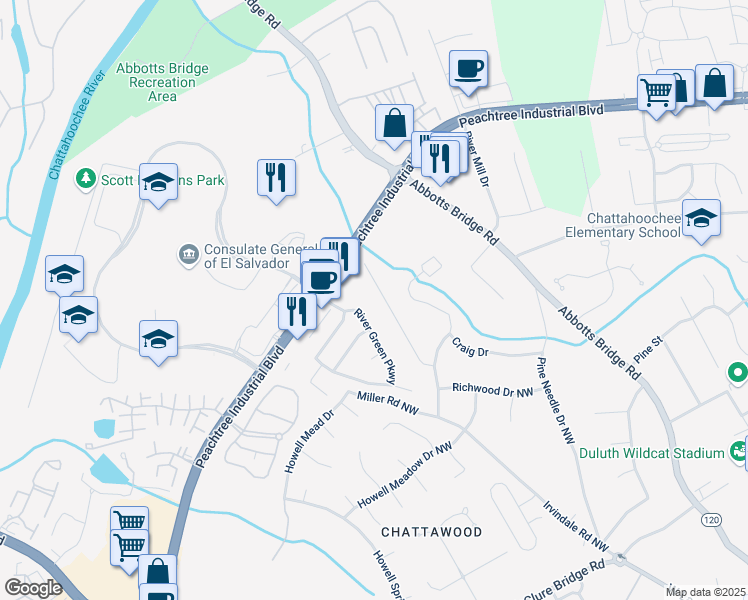 map of restaurants, bars, coffee shops, grocery stores, and more near 4147 Suzanne Lane in Duluth
