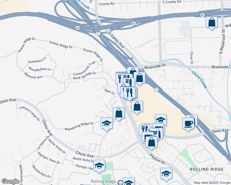 map of restaurants, bars, coffee shops, grocery stores, and more near 13104 Glen Court in Chino Hills