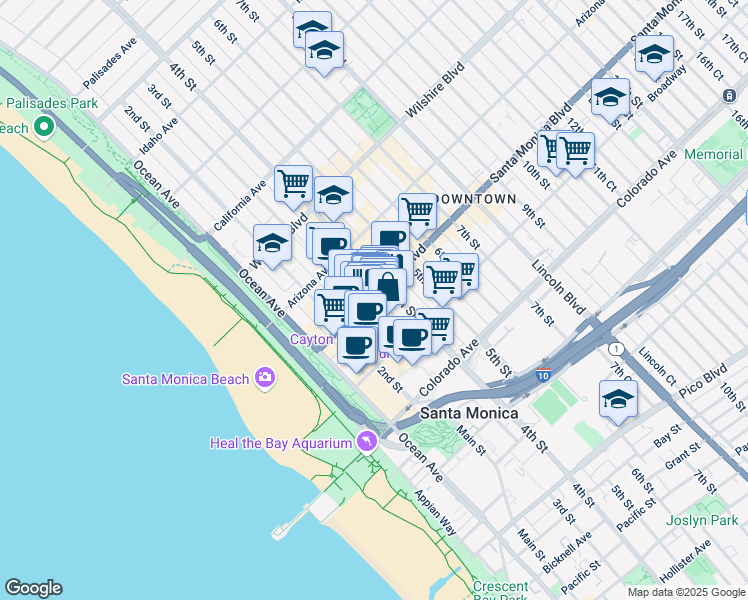 map of restaurants, bars, coffee shops, grocery stores, and more near in Santa Monica