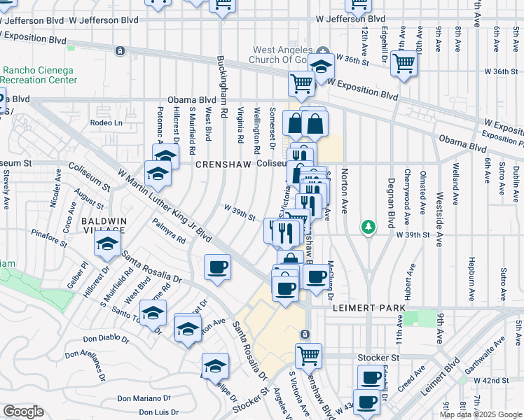 map of restaurants, bars, coffee shops, grocery stores, and more near 3849 Somerset Drive in Los Angeles