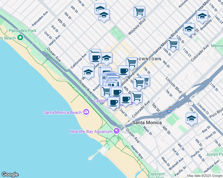 map of restaurants, bars, coffee shops, grocery stores, and more near in Santa Monica