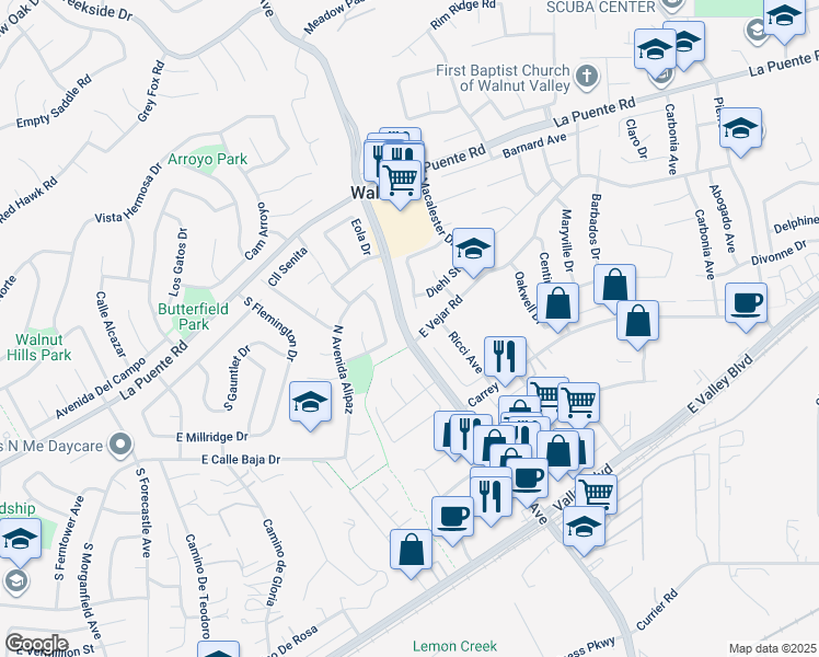 map of restaurants, bars, coffee shops, grocery stores, and more near in Walnut