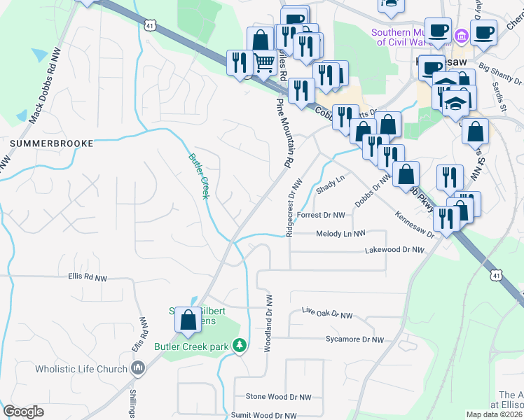 map of restaurants, bars, coffee shops, grocery stores, and more near 5050 Pine Mountain Road Northwest in Kennesaw