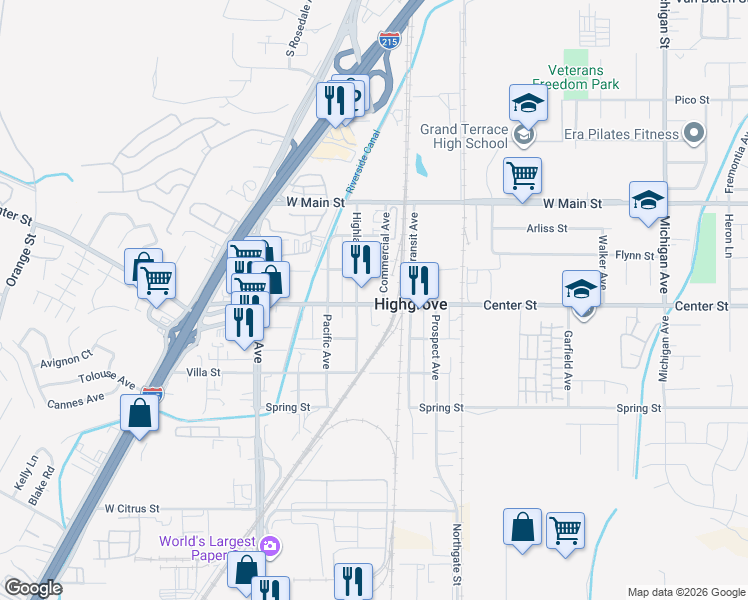 map of restaurants, bars, coffee shops, grocery stores, and more near 1070 Center Street in Riverside