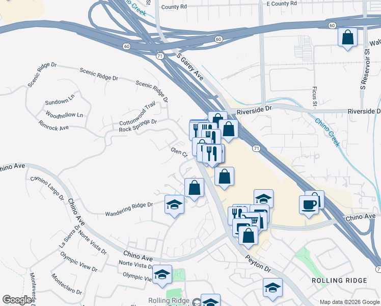 map of restaurants, bars, coffee shops, grocery stores, and more near 13011 Peyton Drive in Chino Hills