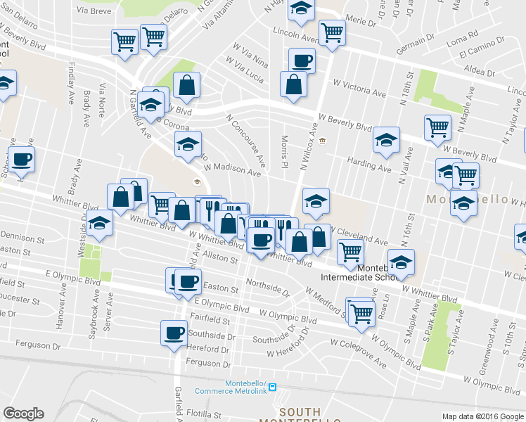 map of restaurants, bars, coffee shops, grocery stores, and more near 2405 West Cleveland Avenue in Montebello