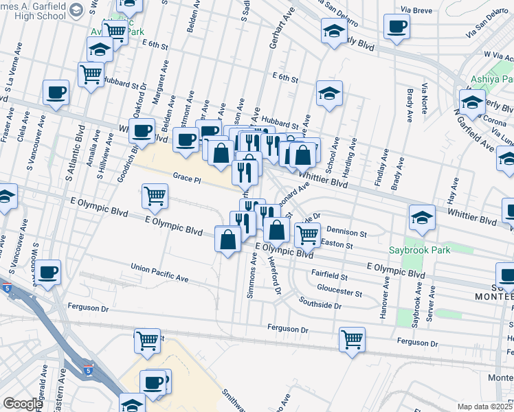 map of restaurants, bars, coffee shops, grocery stores, and more near 1016 Simmons Avenue in East Los Angeles
