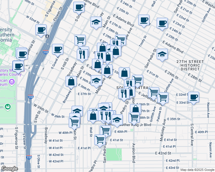 map of restaurants, bars, coffee shops, grocery stores, and more near 336 East 35th Street in Los Angeles