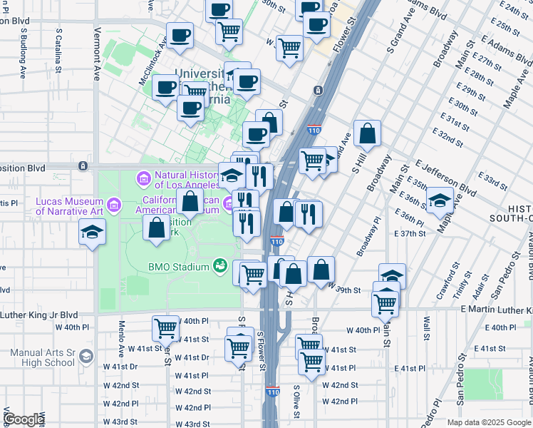 map of restaurants, bars, coffee shops, grocery stores, and more near 3820 South Flower Drive in Los Angeles