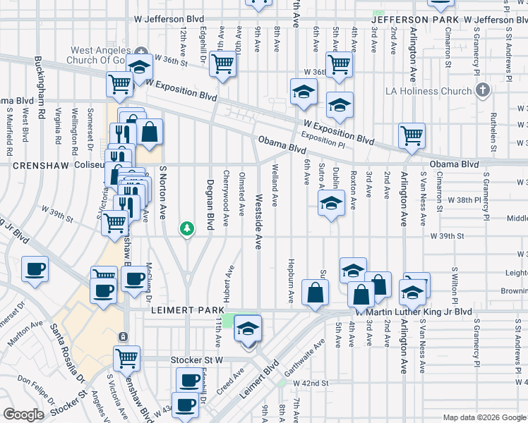 map of restaurants, bars, coffee shops, grocery stores, and more near 3867 Westside Avenue in Los Angeles