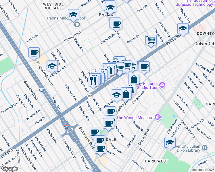 map of restaurants, bars, coffee shops, grocery stores, and more near 3815 College Avenue in Culver City