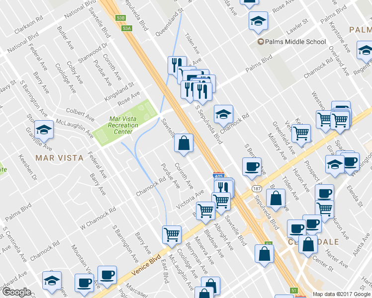 map of restaurants, bars, coffee shops, grocery stores, and more near 3549 Sawtelle Boulevard in Los Angeles
