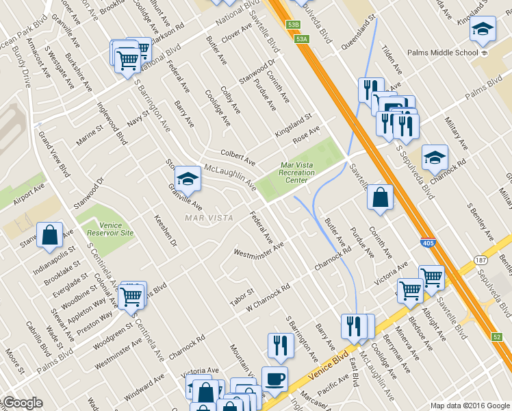 map of restaurants, bars, coffee shops, grocery stores, and more near 3430 Federal Avenue in Los Angeles