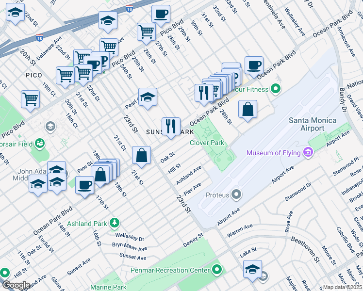 map of restaurants, bars, coffee shops, grocery stores, and more near 2410 1/2 Oak Street in Santa Monica