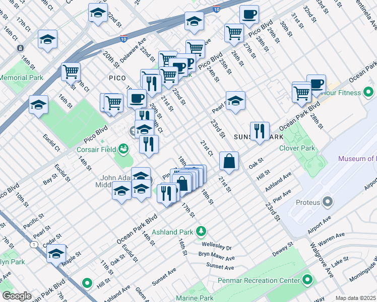 map of restaurants, bars, coffee shops, grocery stores, and more near 2419 20th Street in Santa Monica