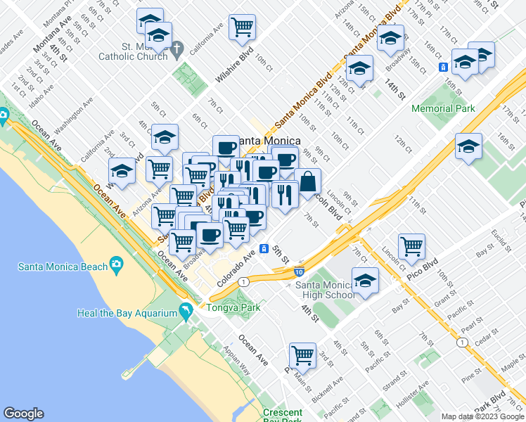 map of restaurants, bars, coffee shops, grocery stores, and more near 1540 6th Street in Santa Monica