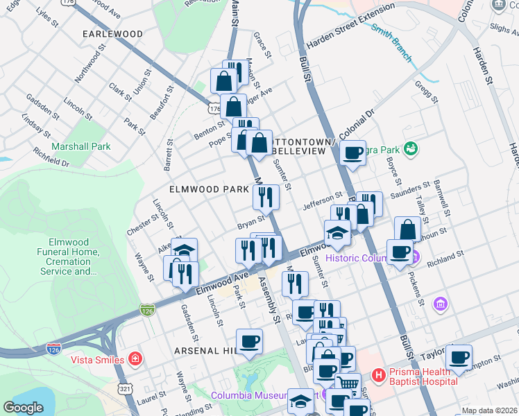 map of restaurants, bars, coffee shops, grocery stores, and more near 1127 Bryan Street in Columbia