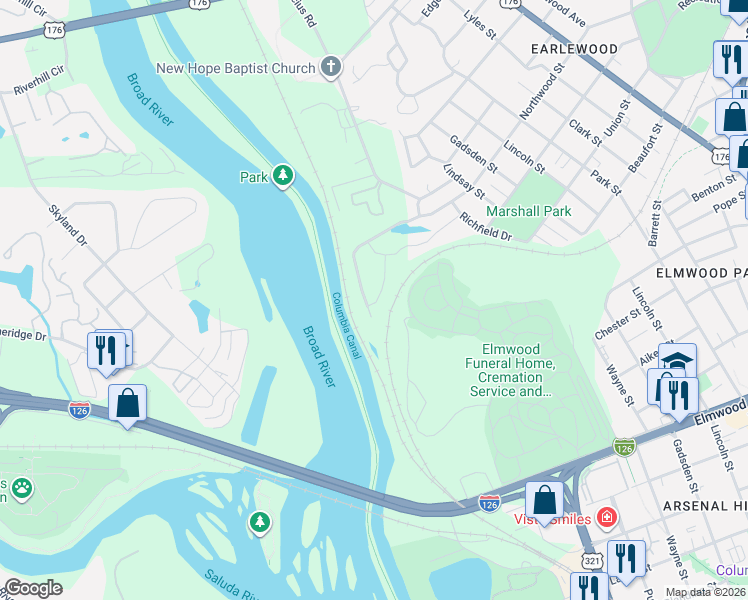map of restaurants, bars, coffee shops, grocery stores, and more near 191 Northwood Street in Columbia