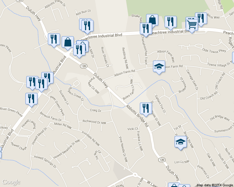 map of restaurants, bars, coffee shops, grocery stores, and more near 4135 Boles Creek Drive Northwest in Duluth