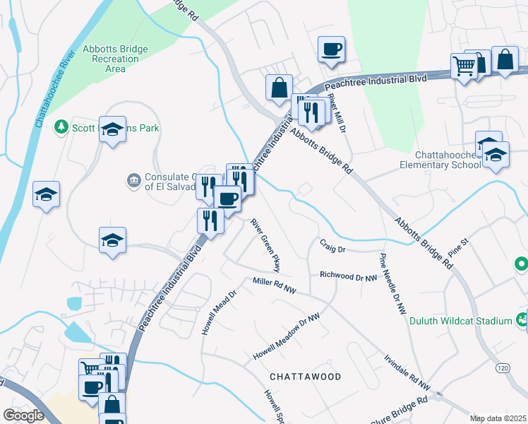 map of restaurants, bars, coffee shops, grocery stores, and more near 4147 Suzanne Lane in Duluth