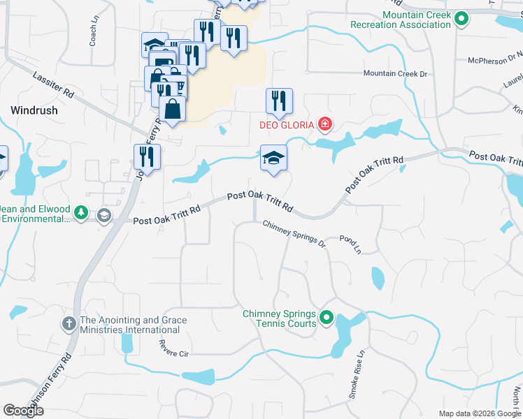 map of restaurants, bars, coffee shops, grocery stores, and more near 2593 Chimney Springs Drive in Marietta